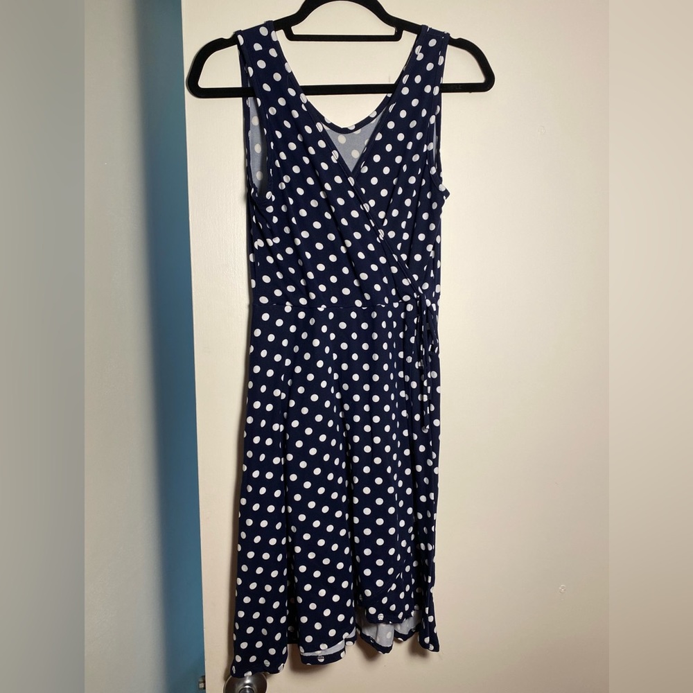 Navy dot sleeveless wrap dress